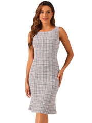 Tweed Sleeveless Elegant Plaid Midi Fishtail Dress