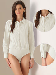 Leotard Shirt Collared Business Casual Button Down Long Sleeves Bodysuit
