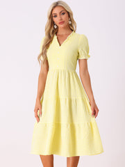 Ruffle Trim V Neck Button Decor Plaid Gingham Tiered Midi Dress
