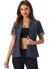 Button Up Collared Short Sleeve Pocket Classic Denim Shirt