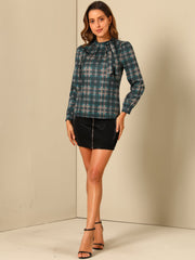 Bow Tie Neck Grid Checks Shirt Office Work Tops Blouse