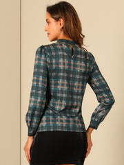 Bow Tie Neck Grid Checks Shirt Office Work Tops Blouse