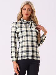 Bow Tie Neck Grid Checks Shirt Office Work Tops Blouse