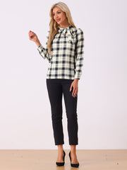 Bow Tie Neck Grid Checks Shirt Office Work Tops Blouse