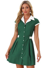 Retro Button Down Flat Collar Belted Office Mini Shirt Dress