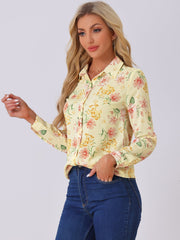 Button Down Floral Shirt Blouse Long Sleeve Point Collar Top