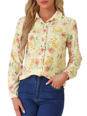 Button Down Floral Shirt Blouse Long Sleeve Point Collar Top
