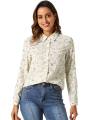 Button Down Floral Long Sleeve Point Collar Blouse