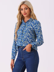 Button Down Floral Shirt Blouse Long Sleeve Point Collar Top