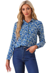 Button Down Floral Shirt Blouse Long Sleeve Point Collar Top