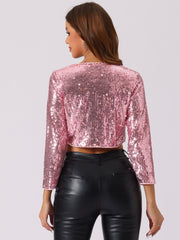 Women's Sequin Jacket Sparkly Party Long Sleeve Open Front Crop Bolero Shrug Cardigan