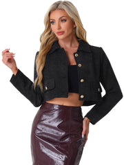 Tweed Collar Long Sleeve Button Down Cropped Jacket