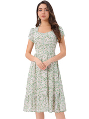 Summer Petal Sleeve Boho Floral Print Midi Dress