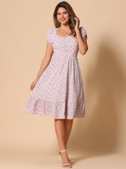 Summer Petal Sleeve Boho Floral Print Midi Dress