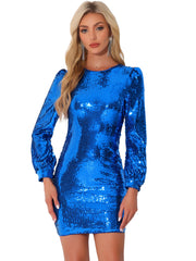 Sequin Lantern Long Sleeve Sparkle Bodycon Party Club Mini Dress