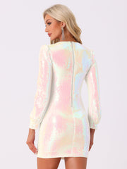 Sequin Lantern Long Sleeve Sparkle Bodycon Party Club Mini Dress