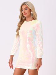 Sequin Lantern Long Sleeve Sparkle Bodycon Party Club Mini Dress