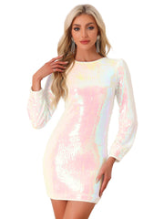 Sequin Lantern Long Sleeve Sparkle Bodycon Party Club Mini Dress
