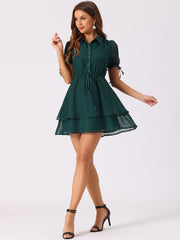 Peter Pan Collar Floral Drawstring Chiffon Layered Dress