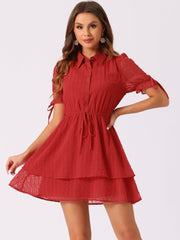 Peter Pan Collar Floral Drawstring Chiffon Layered Dress