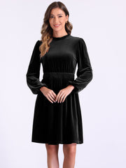 Velvet Smocked Waistline Long Sleeve Midi Dress