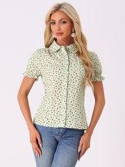Floral Printed Peter Pan Collar Cotton Short Sleeve Shirt
