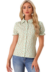 Floral Printed Peter Pan Collar Cotton Short Sleeve Shirt