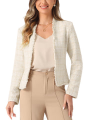 Plaid Tweed Long Sleeve Open Front Work Office Jacket