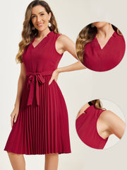 Sleeveless V Neck Belted A-line Midi Elegant Pleated Dress