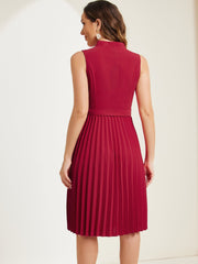 Sleeveless V Neck Belted A-line Midi Elegant Pleated Dress