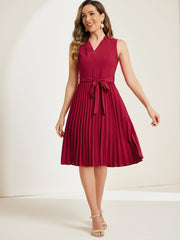 Sleeveless V Neck Belted A-line Midi Elegant Pleated Dress