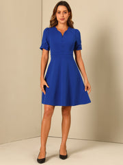 Elegant Short Puff Sleeve V Neck A-Line Zipper Side Office Dress