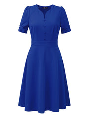 Elegant Short Puff Sleeve V Neck A-Line Zipper Side Office Dress