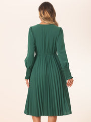 Smocked Long Sleeve Flowy A-Line Midi Pleated Dress