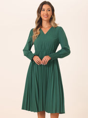 Smocked Long Sleeve Flowy A-Line Midi Pleated Dress
