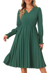 Smocked Long Sleeve Flowy A-Line Midi Pleated Dress