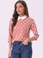 Polka Dots Contrast Peter Pan Collar Top 3/4 Sleeve Blouse Shirt