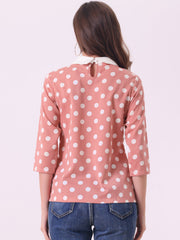 Polka Dots Contrast Peter Pan Collar Top 3/4 Sleeve Blouse Shirt