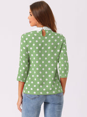 Polka Dots Contrast Peter Pan Collar Top 3/4 Sleeve Blouse Shirt
