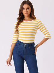 3/4 Sleeve Round Neck Casual Striped T-Shirt