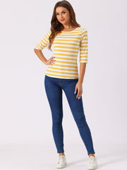 3/4 Sleeve Round Neck Casual Striped T-Shirt