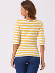 3/4 Sleeve Round Neck Casual Striped T-Shirt