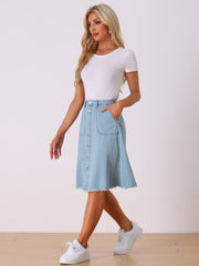 Denim Raw Hem Button Down Midi Jeans Skirt