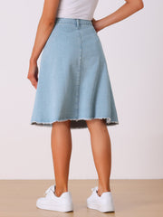 Denim Raw Hem Button Down Midi Jeans Skirt