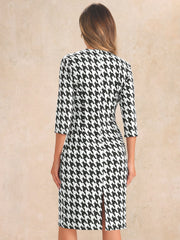 Houndstooth 3/4 Sleeve Elegant Cinched Waist Sheath Dress