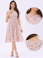 Midi Smocked Cap Short Sleeve Floral Fit and Flare Dress