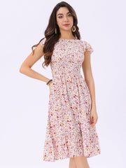 Midi Smocked Cap Short Sleeve Floral Fit and Flare Dress