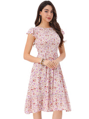 Midi Smocked Cap Short Sleeve Floral Fit and Flare Dress