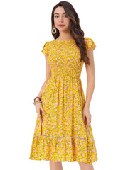 Midi Smocked Cap Short Sleeve Floral Fit and Flare Dress