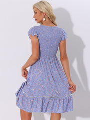 Midi Smocked Cap Short Sleeve Floral Fit and Flare Dress